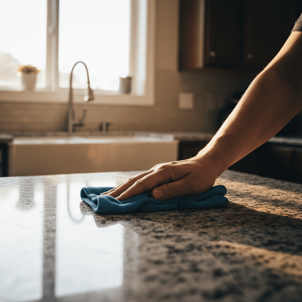 Professional cleaner polishing a kitchen countertop with microfiber cloth