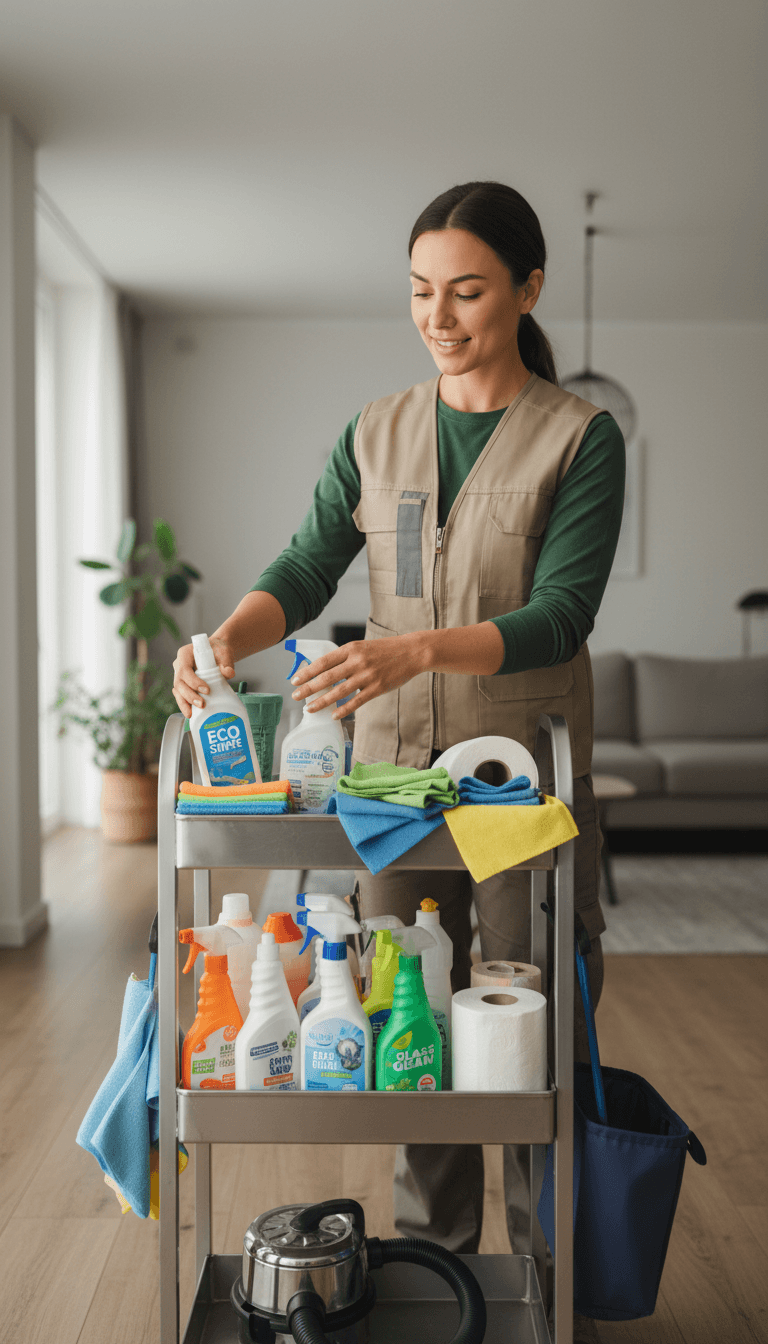 Cleaning supplies organized and ready for service