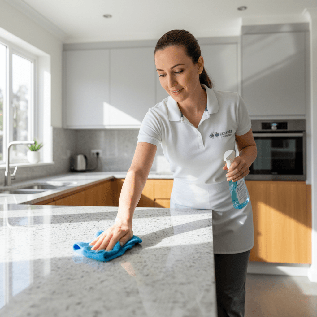 Professional cleaner wiping down kitchen counter