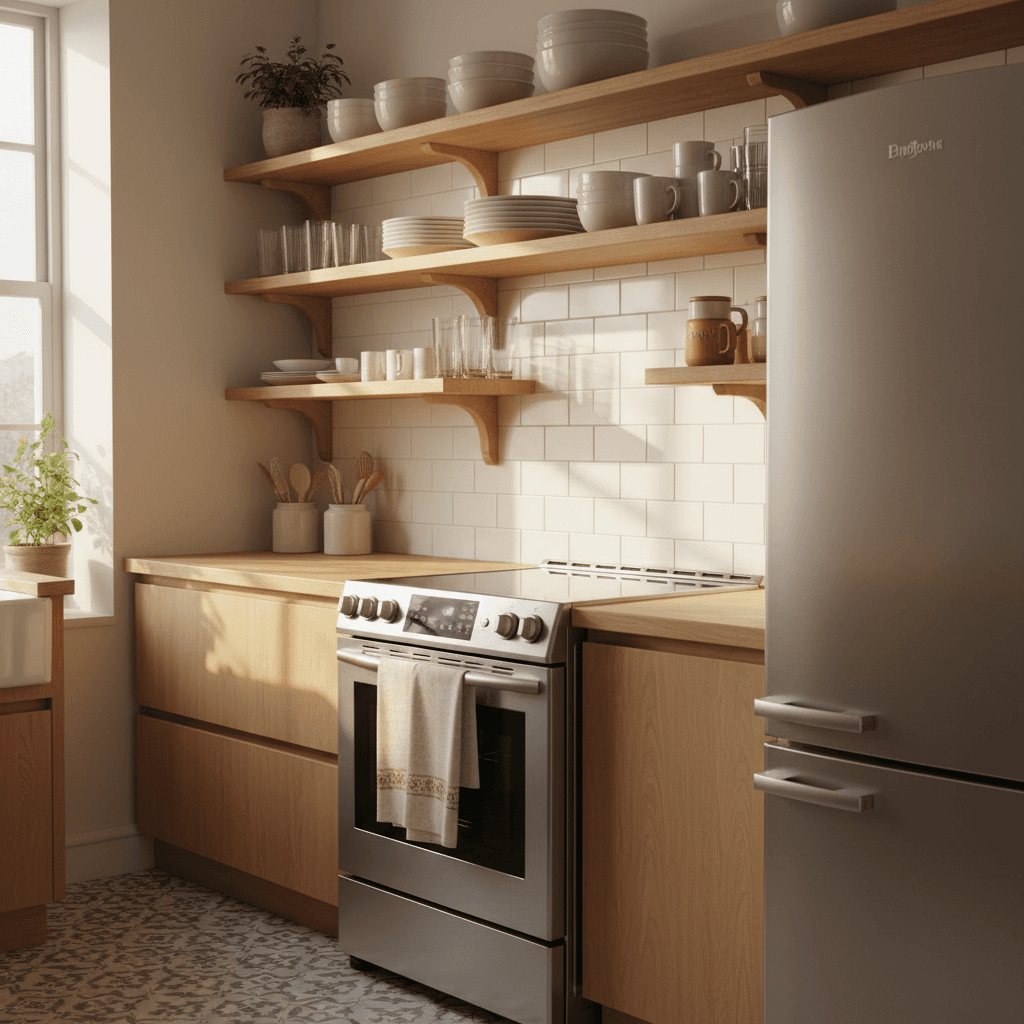Organized kitchen with clean countertops, gleaming dishes, and spotless appliances