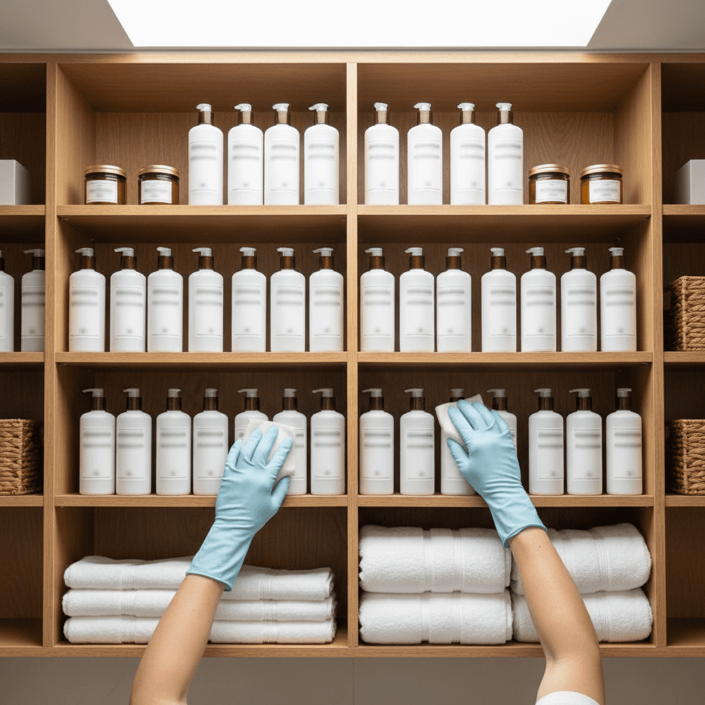 Organized bathroom shelves with neatly arranged bottles and folded towels