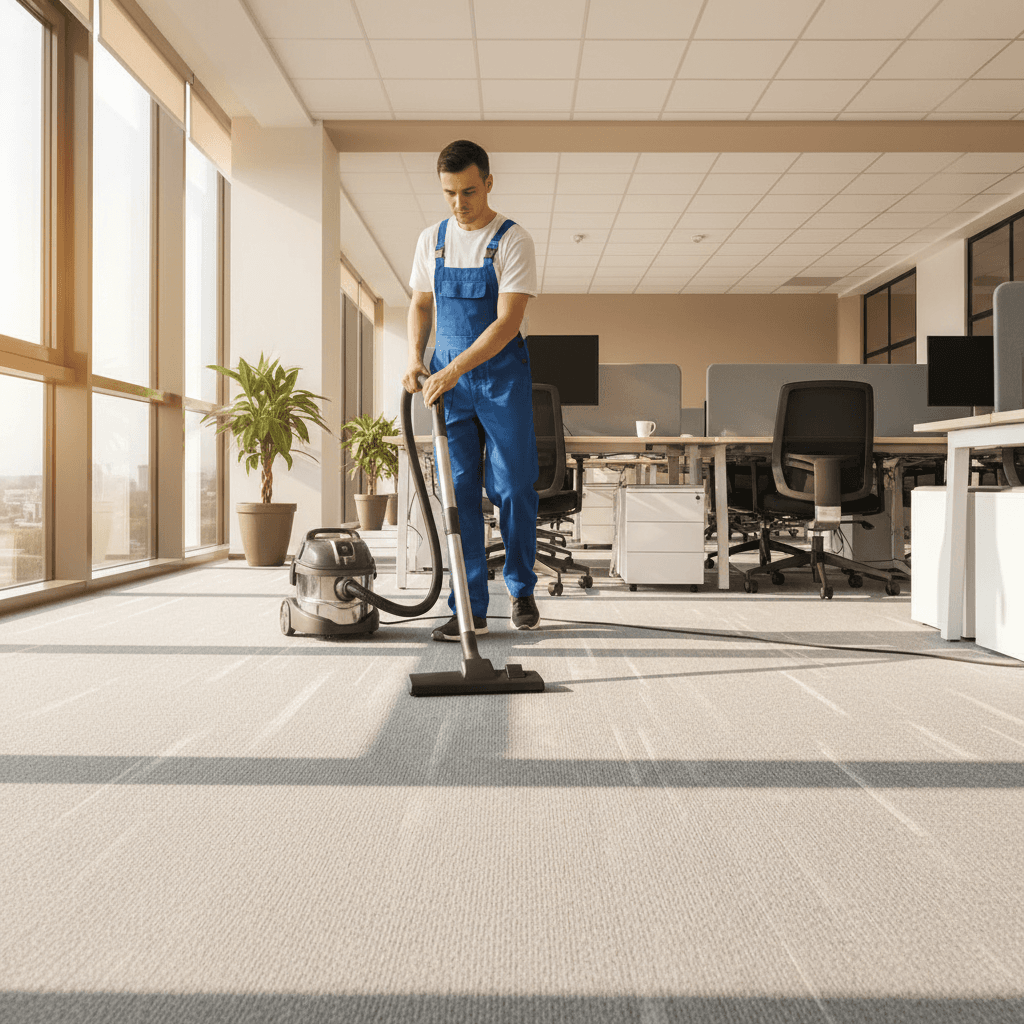 Office cleaner vacuuming carpet in a modern business workspace