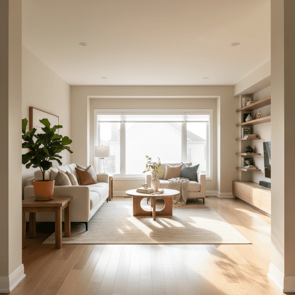 Bright, freshly cleaned living room with organized furniture and spotless floors
