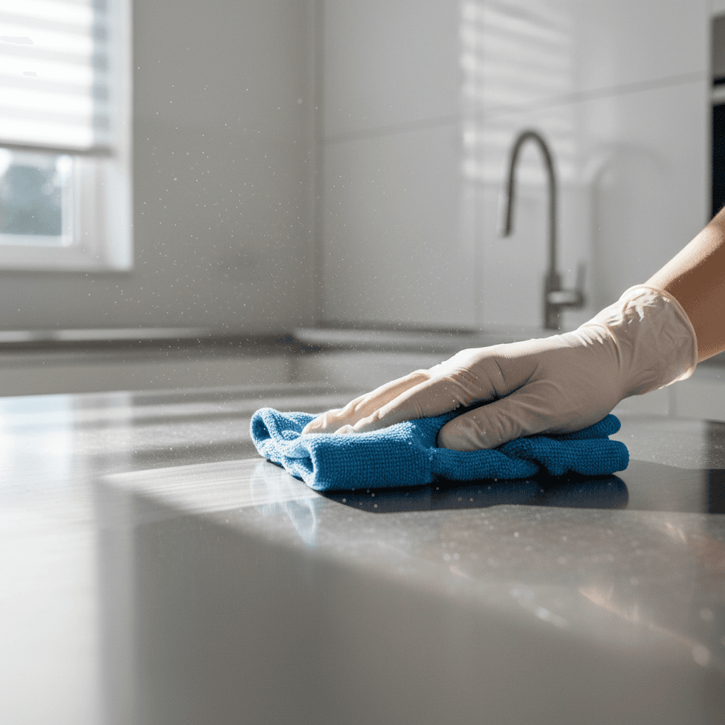 Close-up of professional cleaning with microfiber cloth on polished kitchen counter