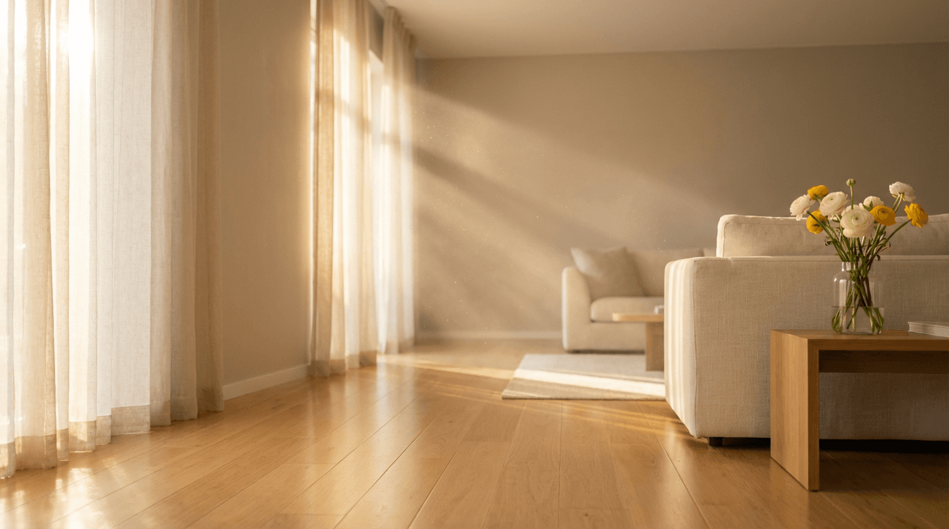 Freshly cleaned residential living room with gleaming hardwood floors and natural light