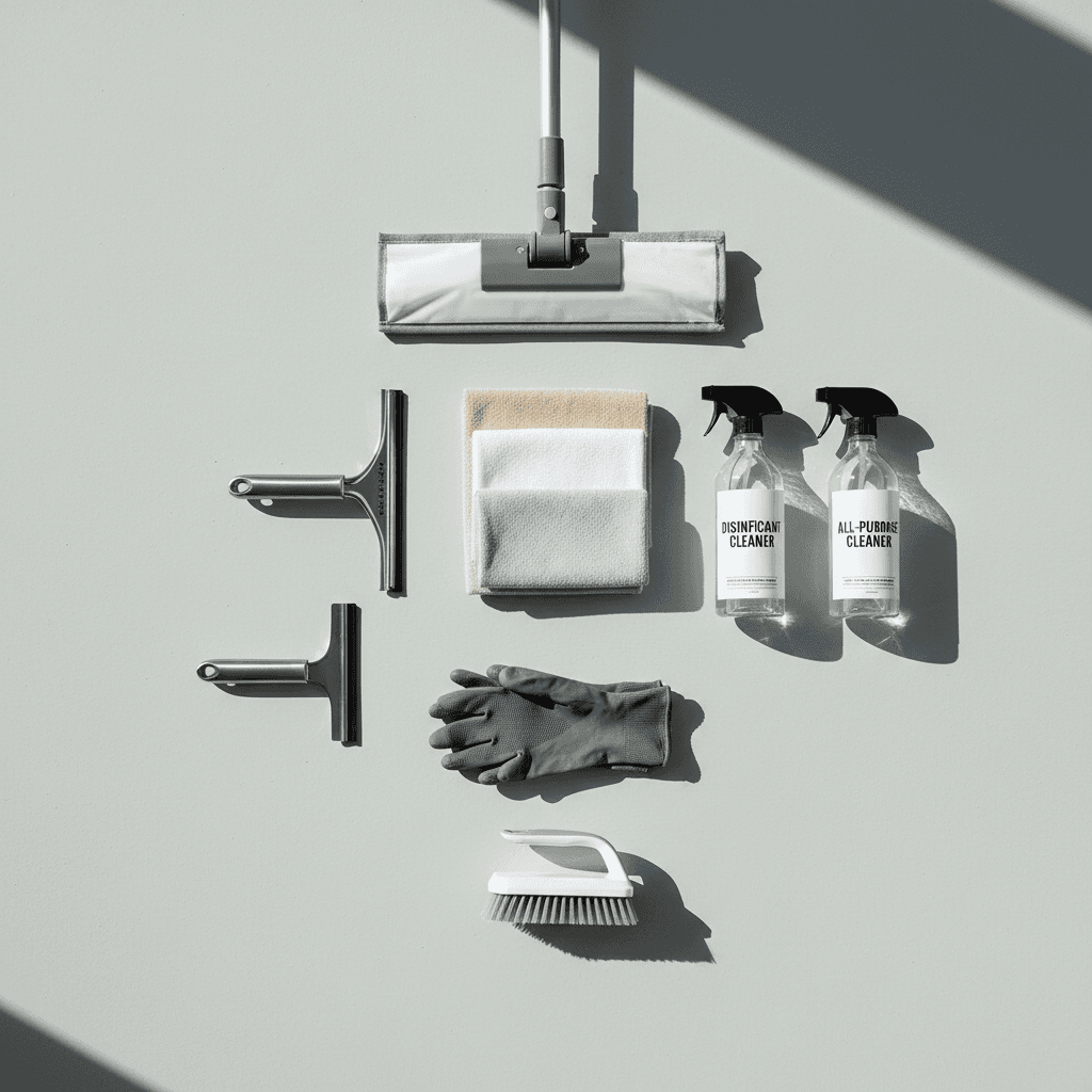 Professional cleaning supplies and tools arranged neatly, showing quality equipment