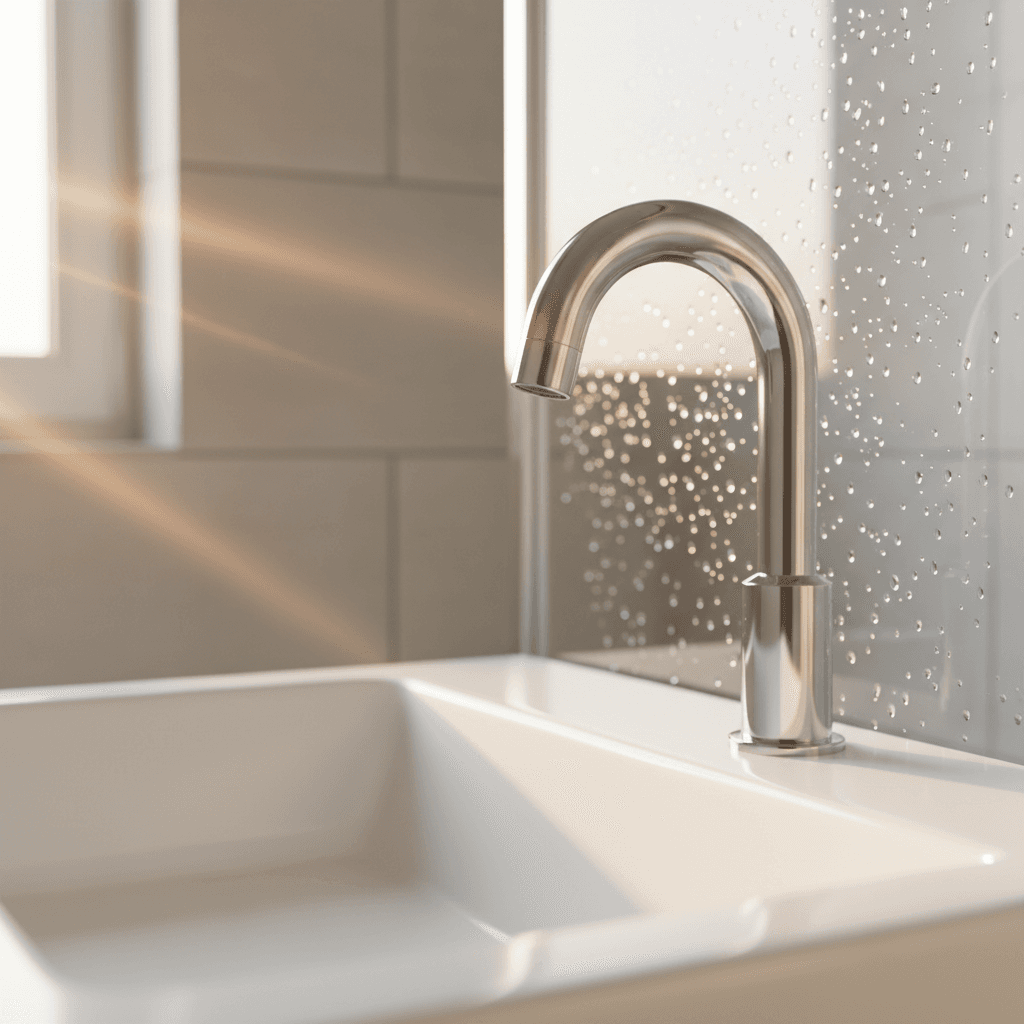 Immaculate bathroom with gleaming tile, fixtures, and spotless surfaces