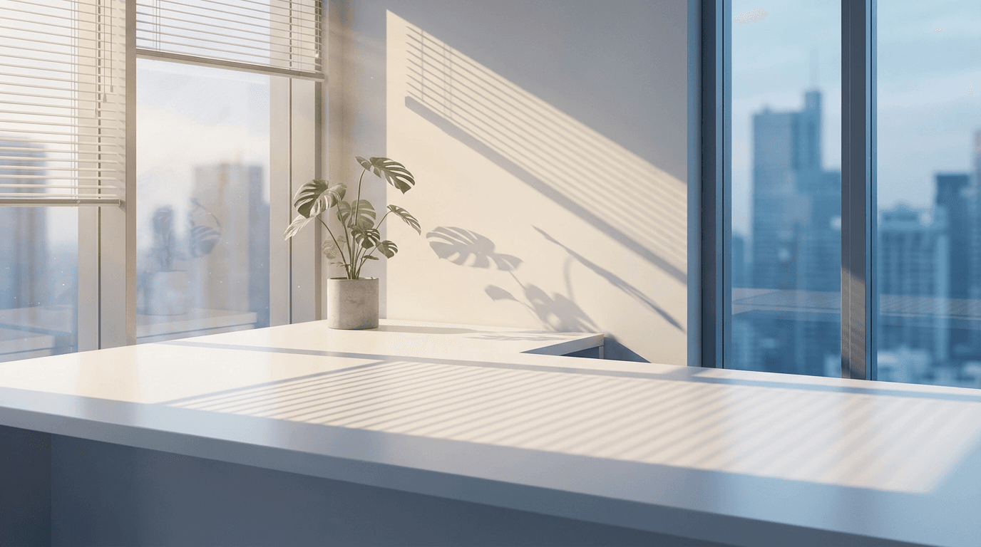 Clean, organized commercial office space with professional workstations and bright natural light
